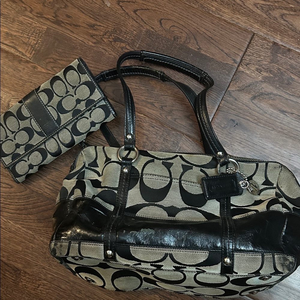 Coach Signature Stripe Patent Leather Purse Gray and Black C0826-12430 + Wallet